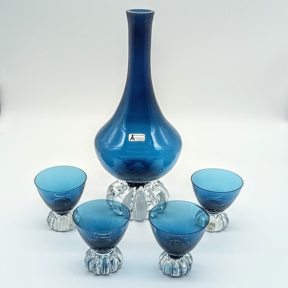MCM Aseda Sweden Blue Glass Decanter Cordial Set